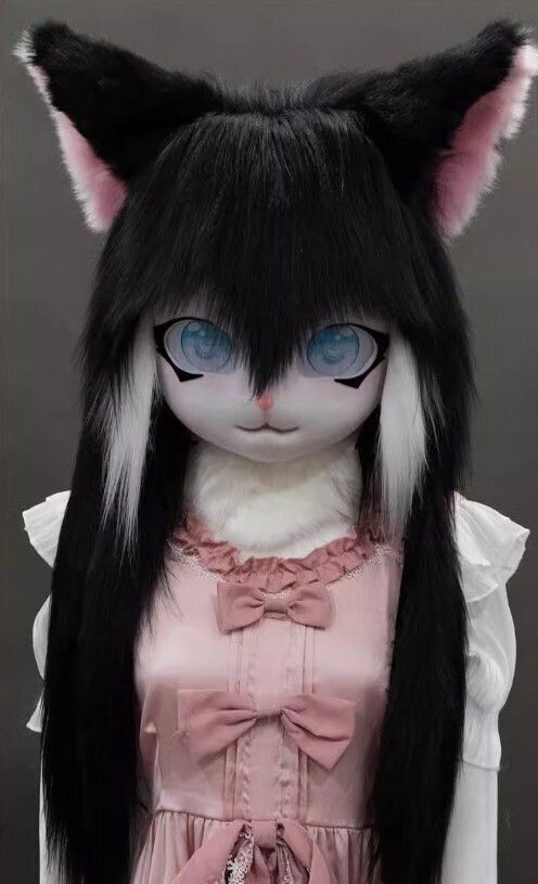 着ぐるみヘッド 猫 黒と白 全頭ヘッド ケモノ マスク ファー