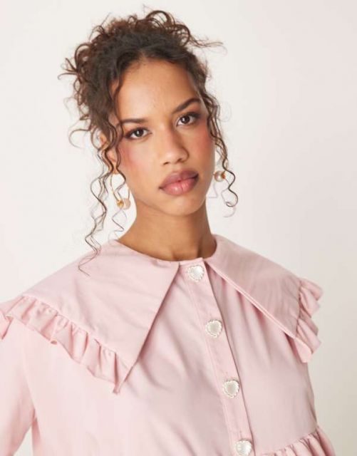 シスタージュン レディース ワンピース トップス Sister Jane oversized collar frill mini dress with heart button detail in light pink Baby