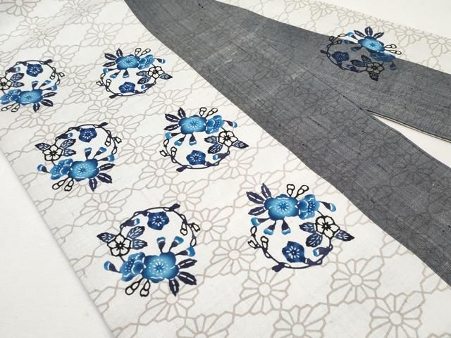 平和屋本店■最高級　城間栄順　本場琉球紅型　九寸名古屋帯　紬地　藍型　花丸文　逸品　CYAA2064s5 平和屋本店□最高級 城間栄順 本場琉球紅型 九寸名古屋帯 紬地 藍型 花