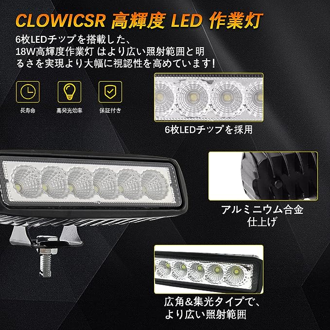 CLOWICSR LED作業灯 ワークライト デッキライト 広角 ホワイト(6000K) 18W 12V-32V対応 各種バイク/車に対応 防塵 防震  防水 LED投光器 前照灯 2個セット メルカリShops