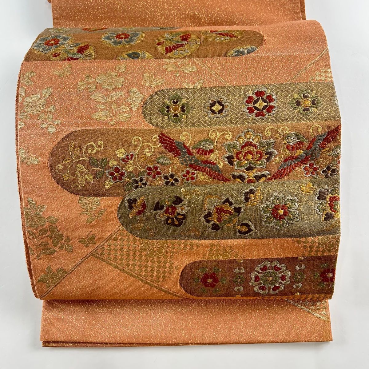 袋帯 秀品 華文 花鳥 金通し 箔 サーモンピンク お太鼓柄 正絹
