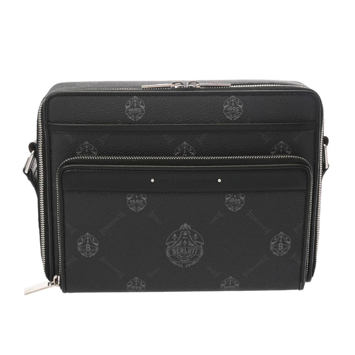 ベルルッティ クレストマイルズ MM ブラック メンズ コーティングキャンバス|レザー ハンドバッグ