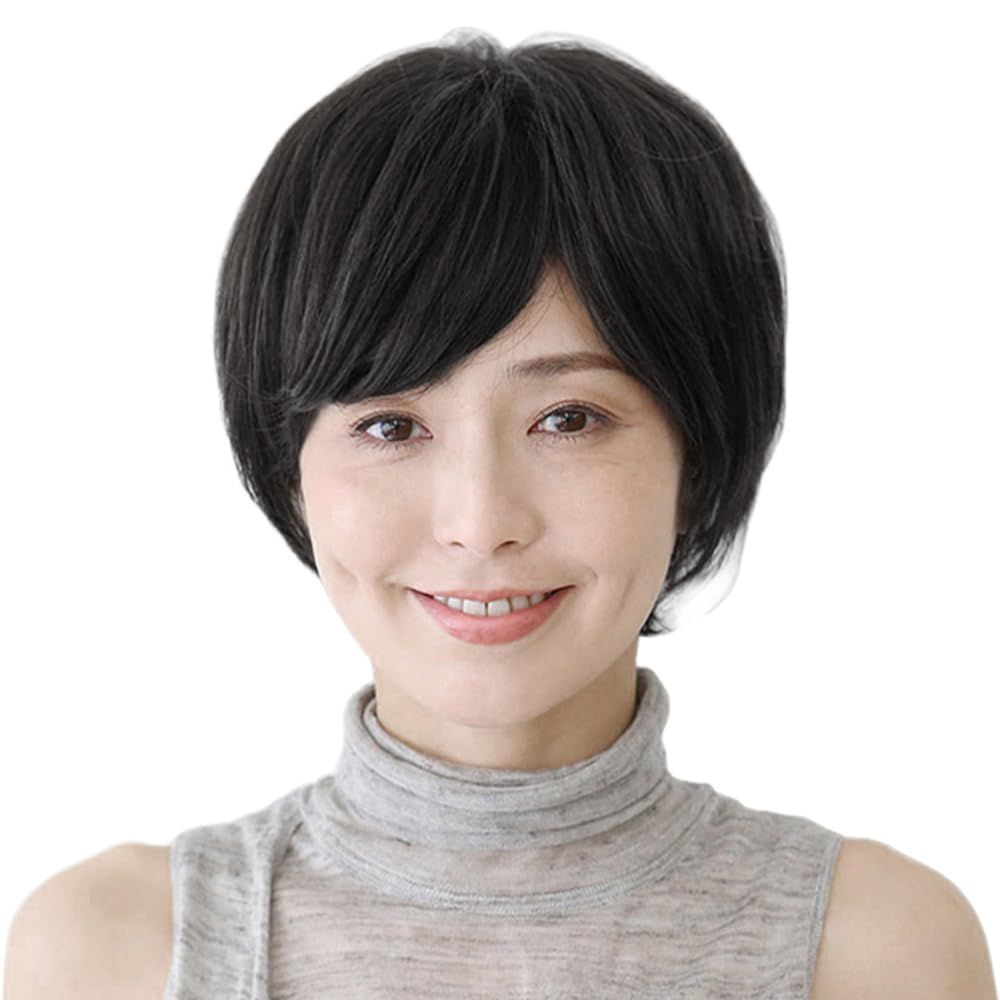 白髪隠し 自然 手植え 脱毛用 母のウィッグ ハハかつら 医療用 斜め前髪 女性用 人毛100％ 女性 おしゃれ かつら 通気 フルウィッグ ヘアネット ショート 中高年 付き ウィッグ P-Z