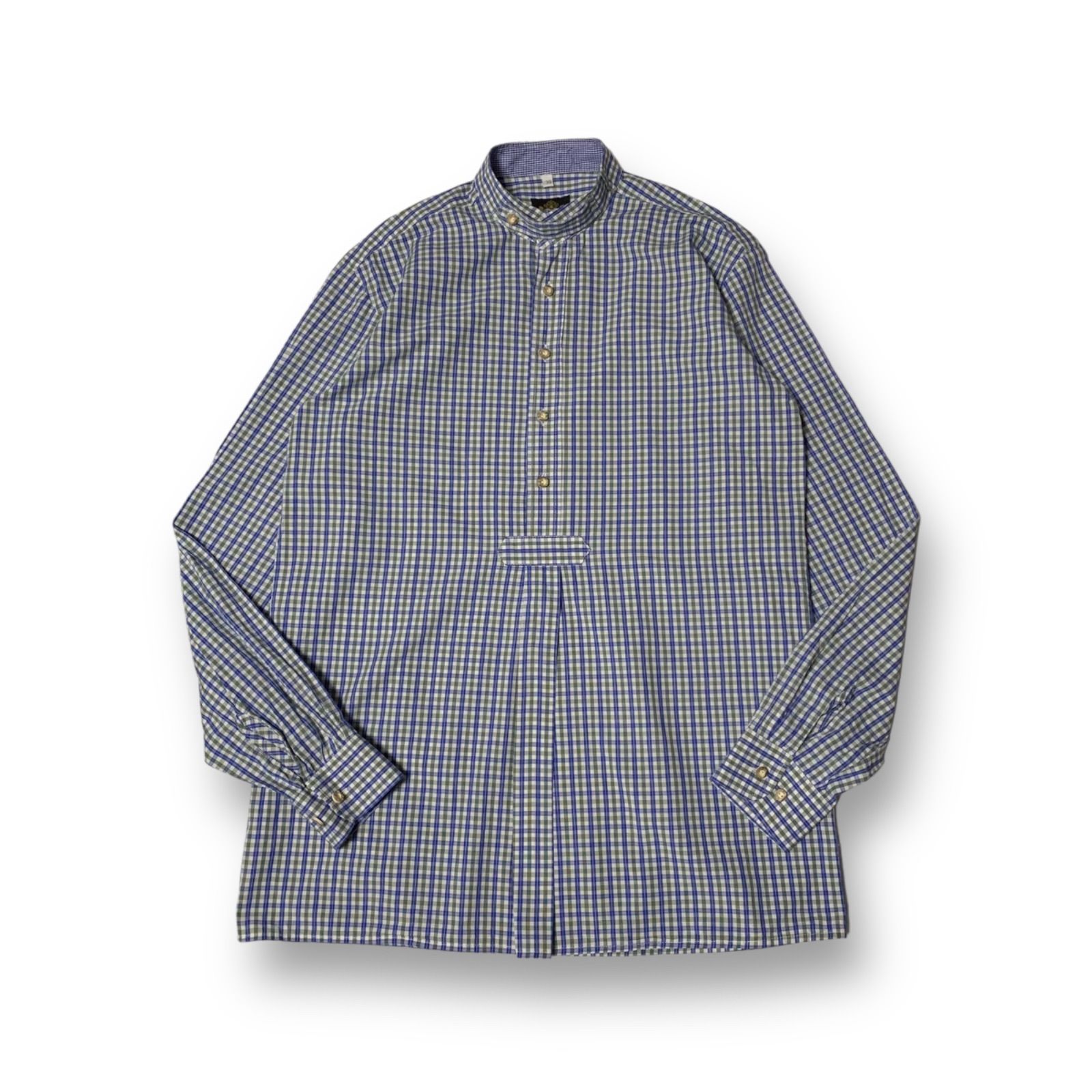 Hammerschmid L/S Tyrolean Check Shirt ハンマーシュミット チロリアンシャツ チェックシャツ プルオーバーシャツ 長袖 ライトグリーン ブルー ホワイト サイズ39 実寸S-M相当 ユーロ古着 チンストラップ スクエアカット