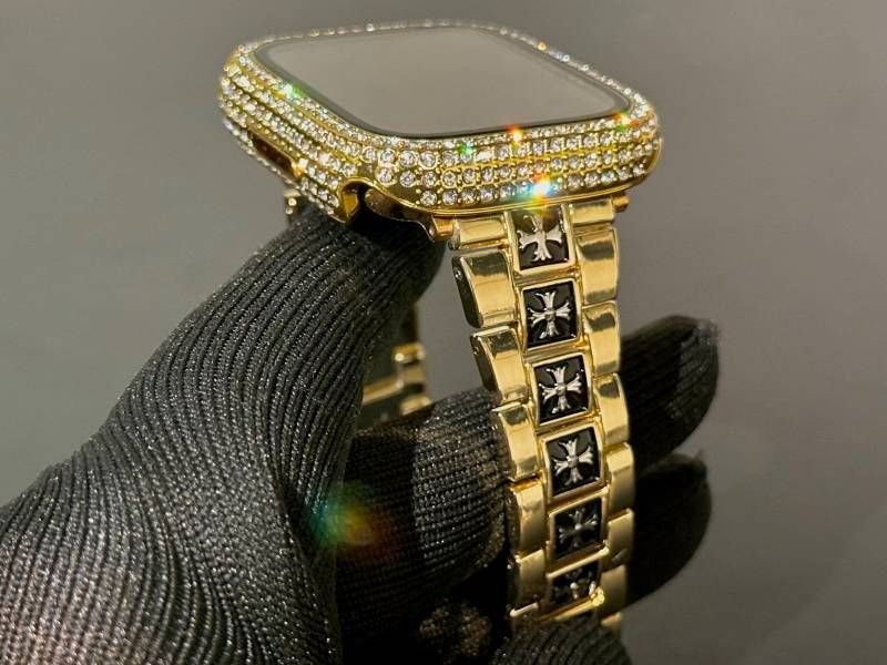 ゴールド Apple Watchメタルバンド glassパヴェカバー アップルウォッチ ステンレスベルト クロスデザイン リンクブレスレット 画面保護ケース キラキラ メッキ 41mm42mm44mm45mm46mm49mm ultra ウルトラ