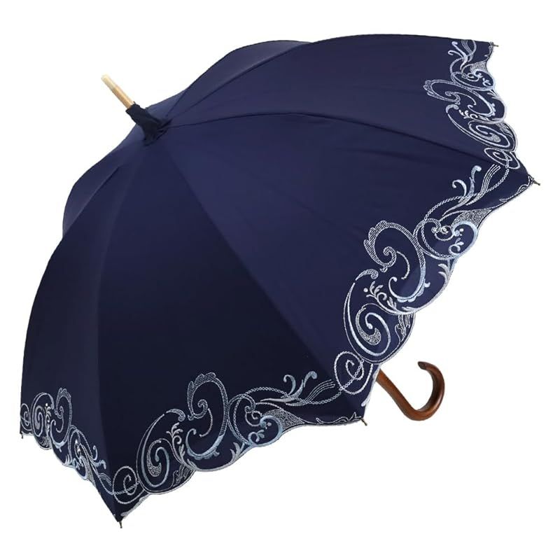 シノワズリーモダン 日傘 晴雨兼用 長傘 レディース かわず張り 完全遮光 UPF50＋ 遮熱 逃熱 UVカット100％ 全面刺繍 ペイズリー クリスタル プレシオサ ギフト 母の日 ネイビー50