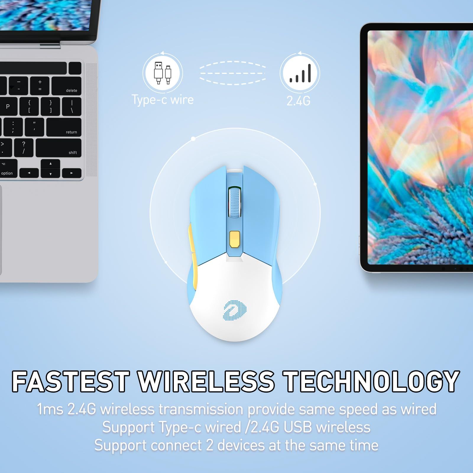 DAREU ゲーミングマウス 無線 水色|ブルー ワイヤレス2.4G|有線USB接続 超軽量85g 人間工学 可愛い 12000DPI 充電ドック付き プログラム EM901X 1年間メーカー