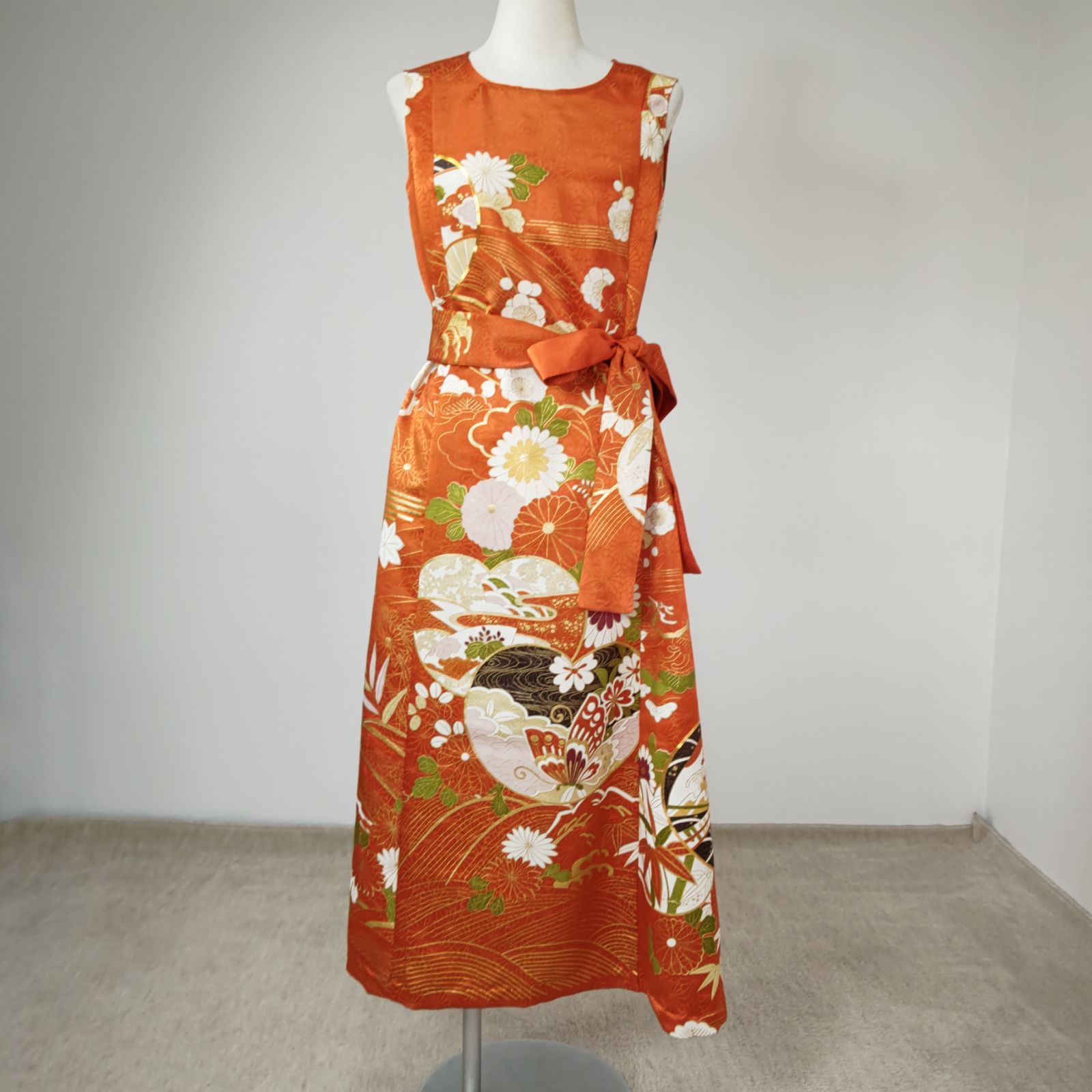 zunezune 振袖ドレス ノースリーブ 着物リメイクワンピース 鶯色 zunezune 振袖ドレス ノースリーブ 着物リメイクワンピース