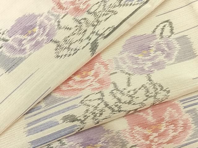 平和屋着物▽上質な紬 単衣 草花文 正絹 ♥ AABB2184fy