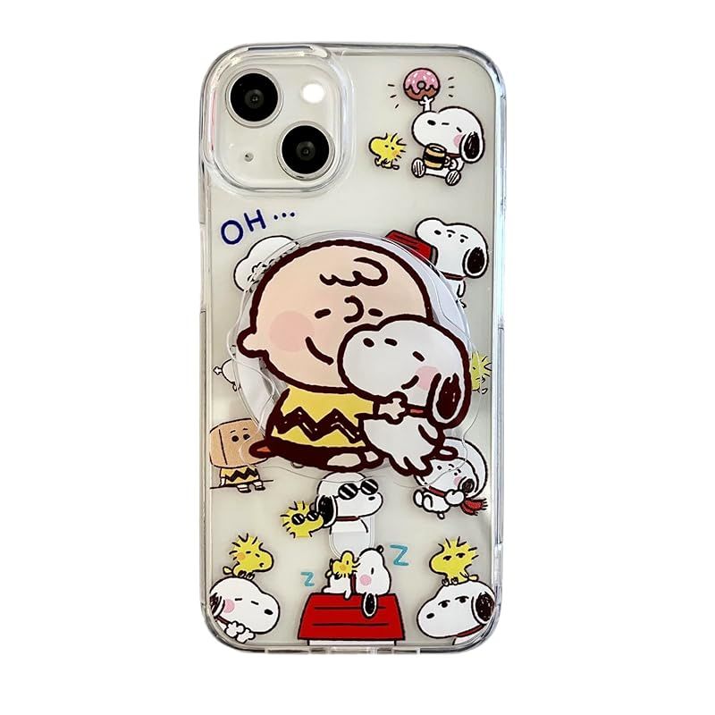 【iPhone13/iPhone14/iPhone15シリーズに対応】スヌーピー スマホケース マグネット搭載 透明 TPU MagSafe式 スマホリング付き クリアケース 磁力 ストラップホール スマホスタンド機能 黄ばみなし マ