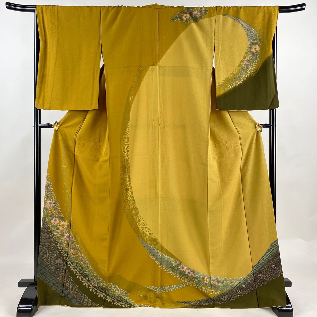 訪問着 身丈169.5cm 裄丈69cm L 袷 草花 七宝 金彩 染分け 山吹茶色 正絹 秀品