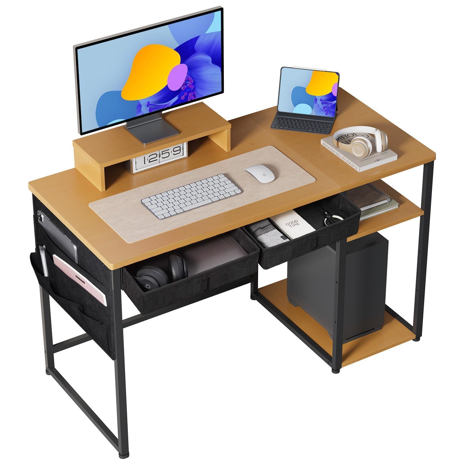 Maihail パソコンデスク 机 pcデスク 勉強机 ゲーミングデスク  学習デスク 子 オフィスデスク desk 引き出し2杯付き 3段階モニター台付き シェルフ幅120cm×奥行55cm 学習机リモートデスクデスク 