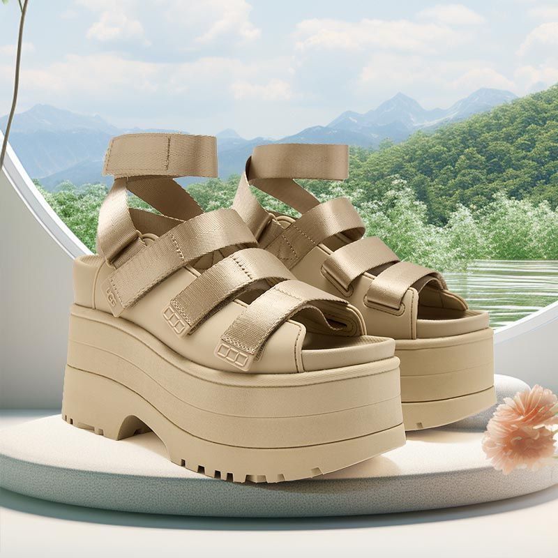 UGG 厚底スタイルアップ マジックテープ サンダル ブラウン 37