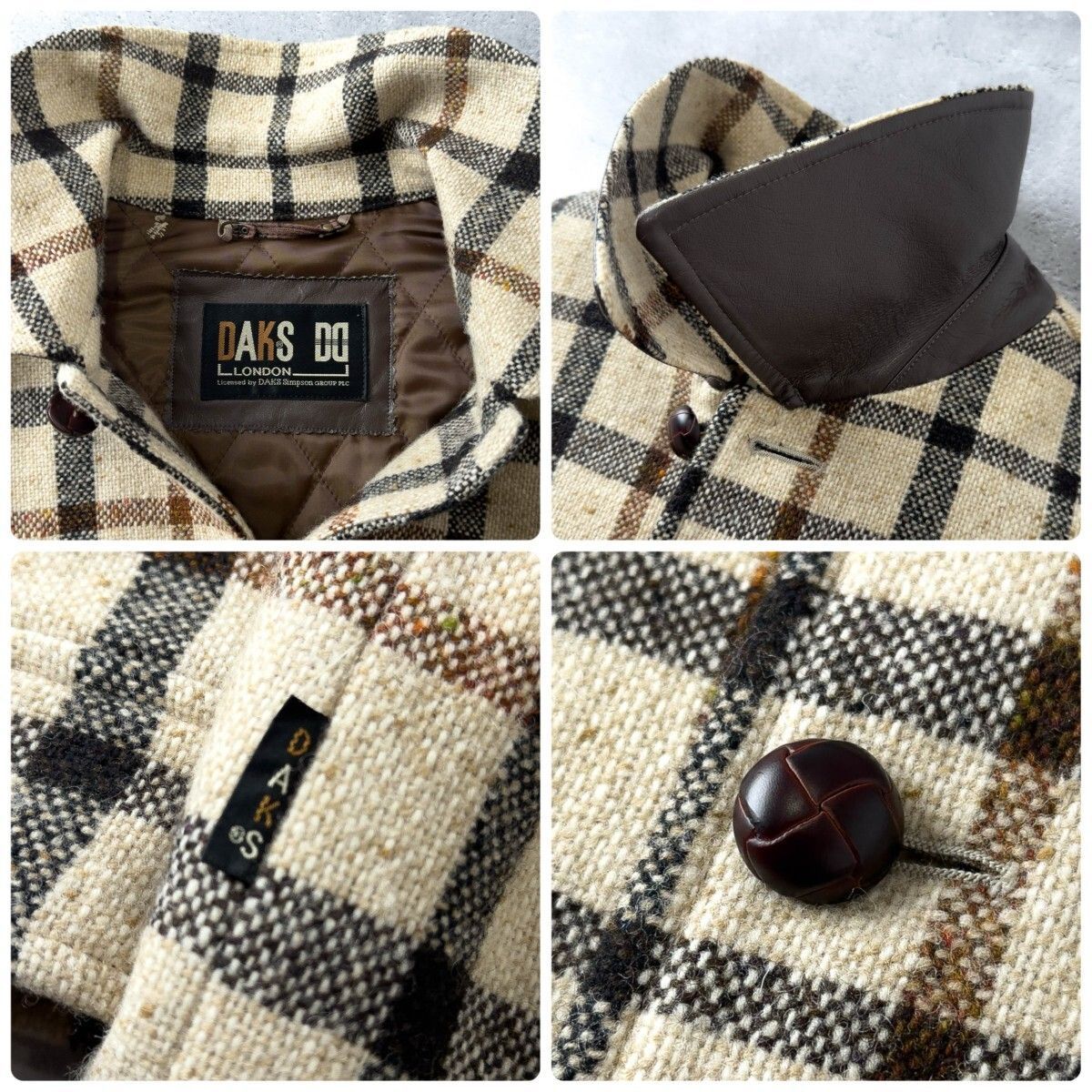 美品 DAKS ダックス 麻混 チェック ジャケット ブルゾン L 緑 ダブル 