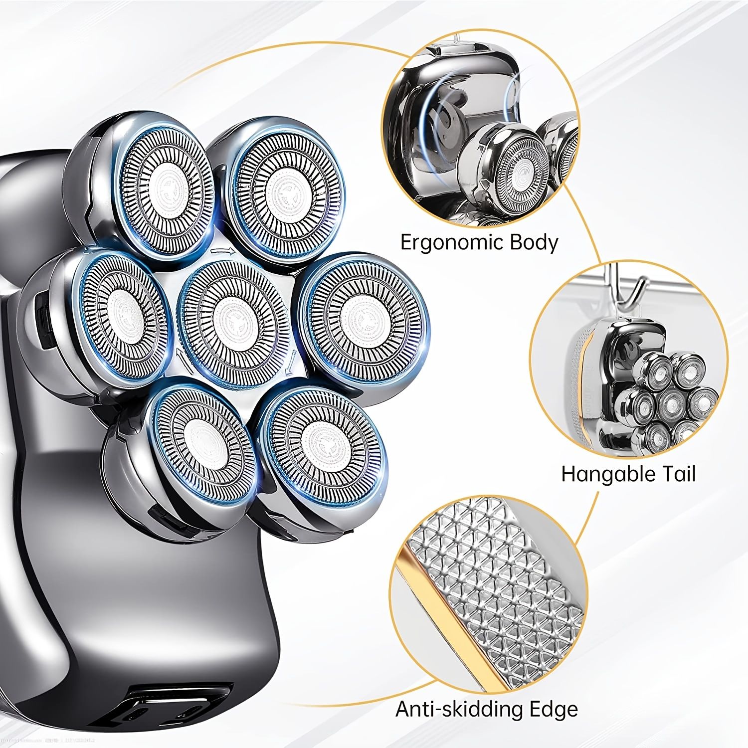 男性用電気シェーバー - 充電式コードレスヘアーシェービングカミソリ - ハゲ頭用6 in 1 ウェットドライ髭トリマー ボディヘアカットクリッパー グルーミングキット 7ロータリーヘッド (グレ