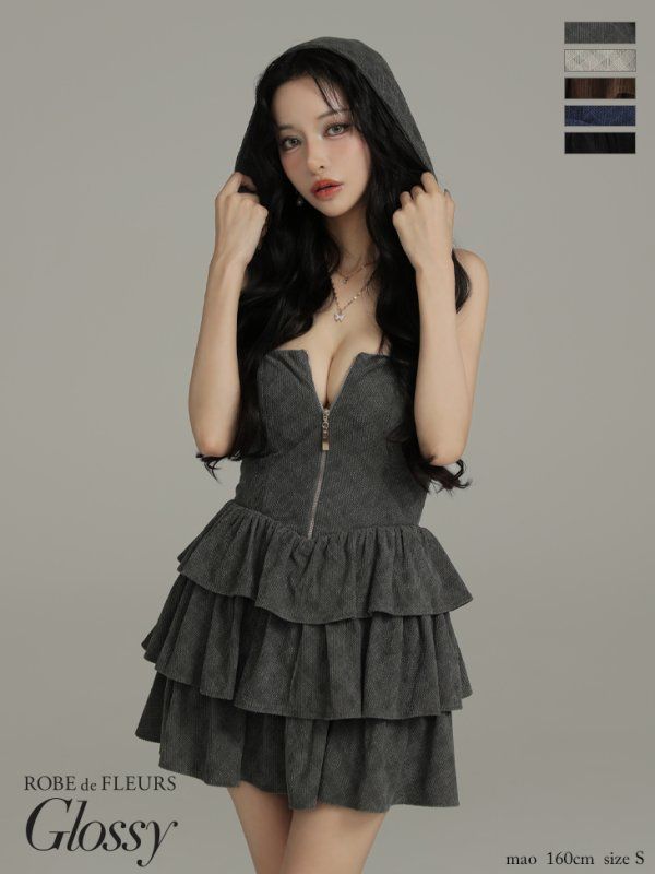 グレー GL4621-IVxB-2509 XSサイズあり ROBE de FLEURS Glossy|ローブドフルール グロッシー 2way| フーディー| バストジップ| ティアード| フ | ミニドレス| キャバドレス