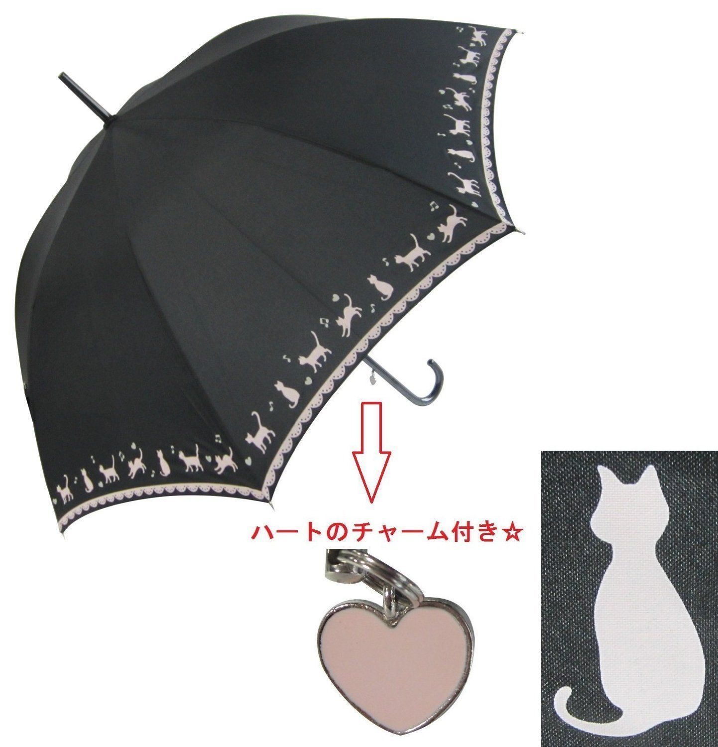 オカモト原宿店 黒ネコ裾柄 かわいい 60cm ジャンプ傘 (ピンク)