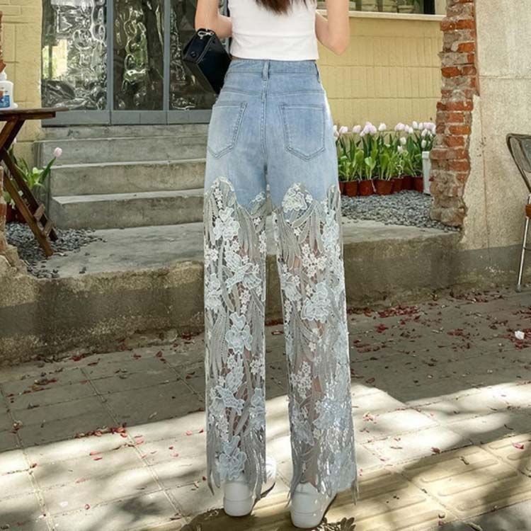 切り替え 美脚 春 レース デニム レース カジュアル ジーンズ デニムパンツ ロング丈 肌見せ 透け感 ロングパンツ ボトムス 花柄 レディース かわいい 夏 ダメージ ストレートパンツ ジーパン sowa6584080 USTAUSTRALIA_COM_AU