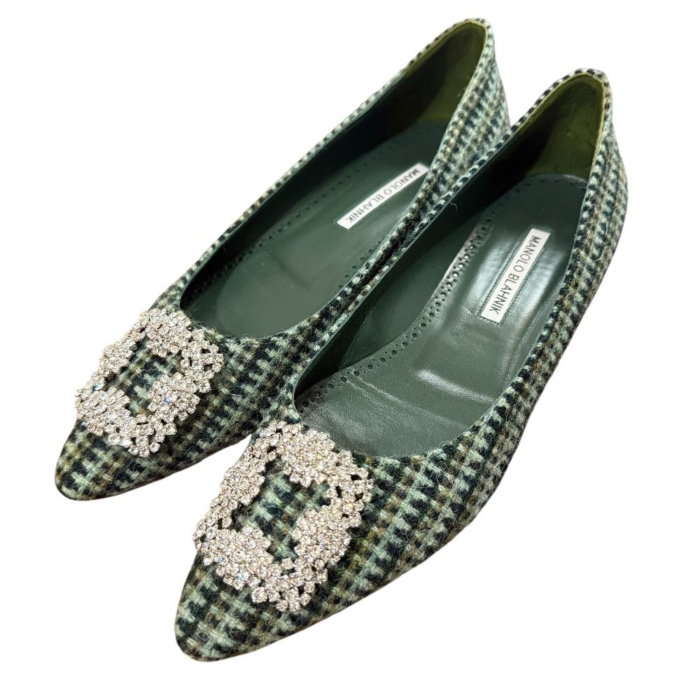MANOLO BLAHNIK マノロブラニク ハンギシ ツイード フラット パンプス 39 1|2 26.5cm グリーン系 レディース 古着
