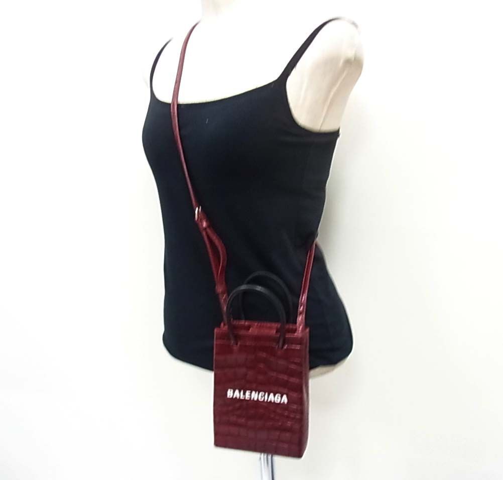 定価153.000円☆BALENCIAGA ロゴ ミニショッピングバッグ フォンホルダー クロコ型押し ハンドバッグ ショルダーバッグ 2WAY イタリア製 定価153.000円☆BALENCIAGA ロゴ ミニショッピングバッグ フォン