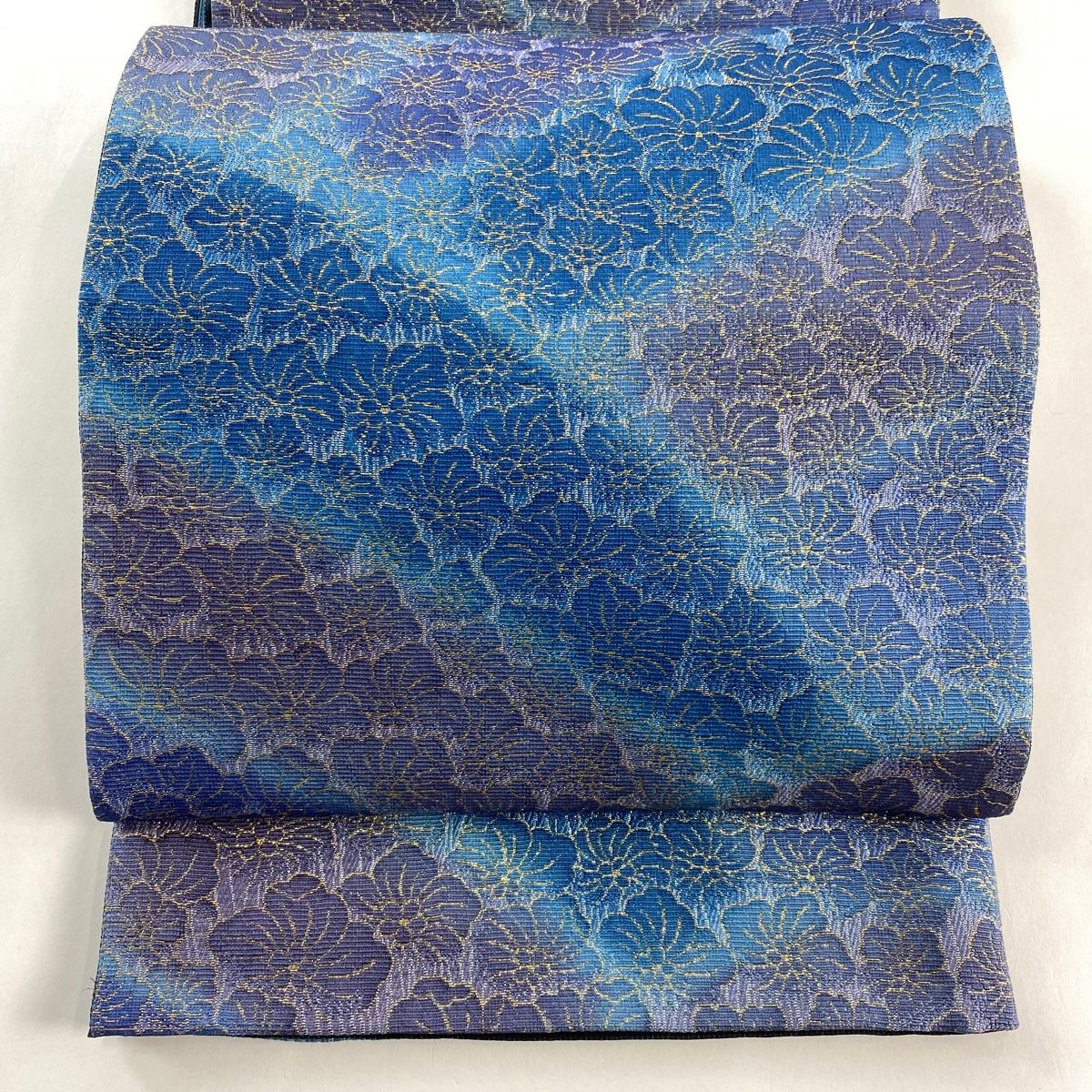 袋帯 花 箔 ぼかし 青紫 六通 正絹