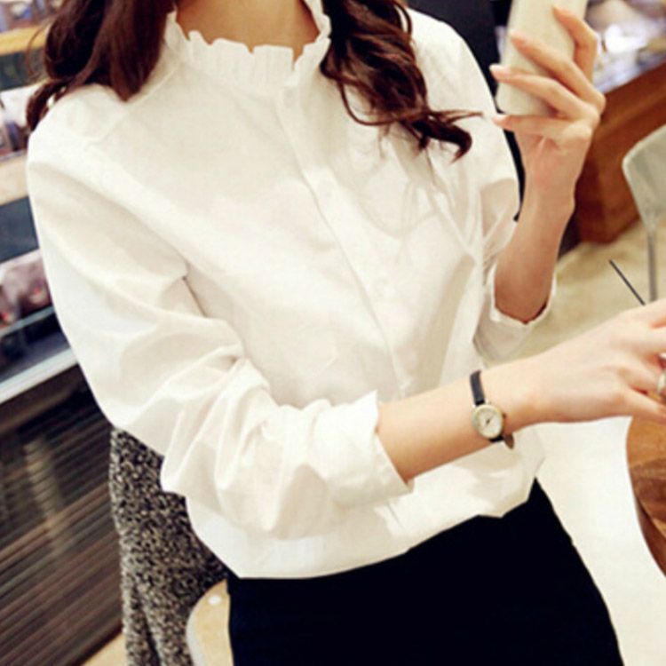 ブラウス レディース 長袖 フリルネック フリル襟 スタンド フリル 襟付き 立ち襟 通勤 トップス 白シャツ 白 ホワイト きれいめ 大きいサイズ フォーマル OL カジュアル ビジ yuzuc 601386
