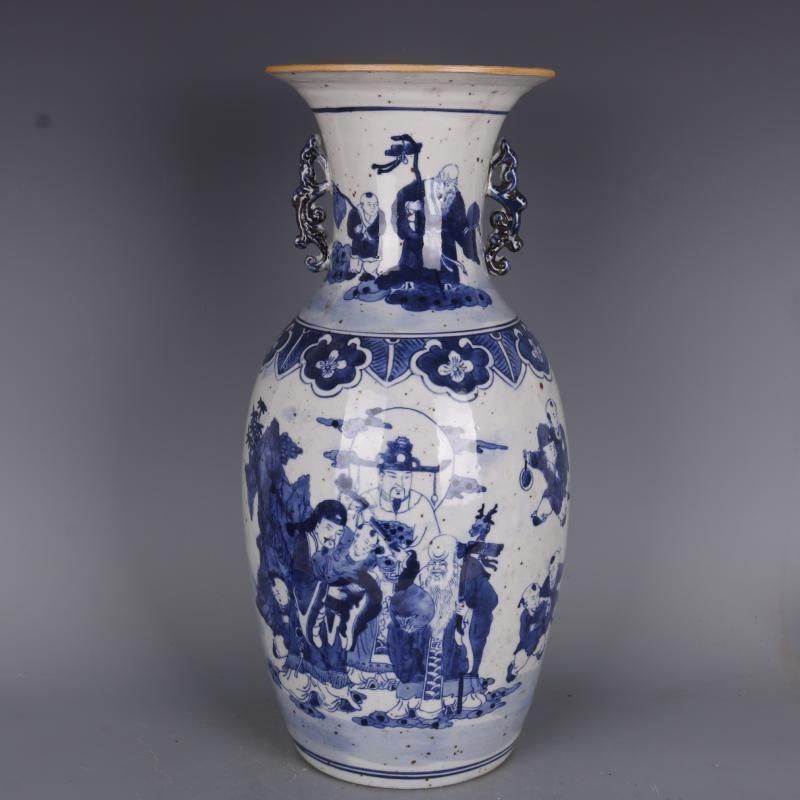 清光緒青花人物紋竜耳賞瓶  陶磁器  現代工芸品 美術品 置物 清光緒青花人物紋竜耳賞瓶 陶磁器 現代工芸品 美術品 置物