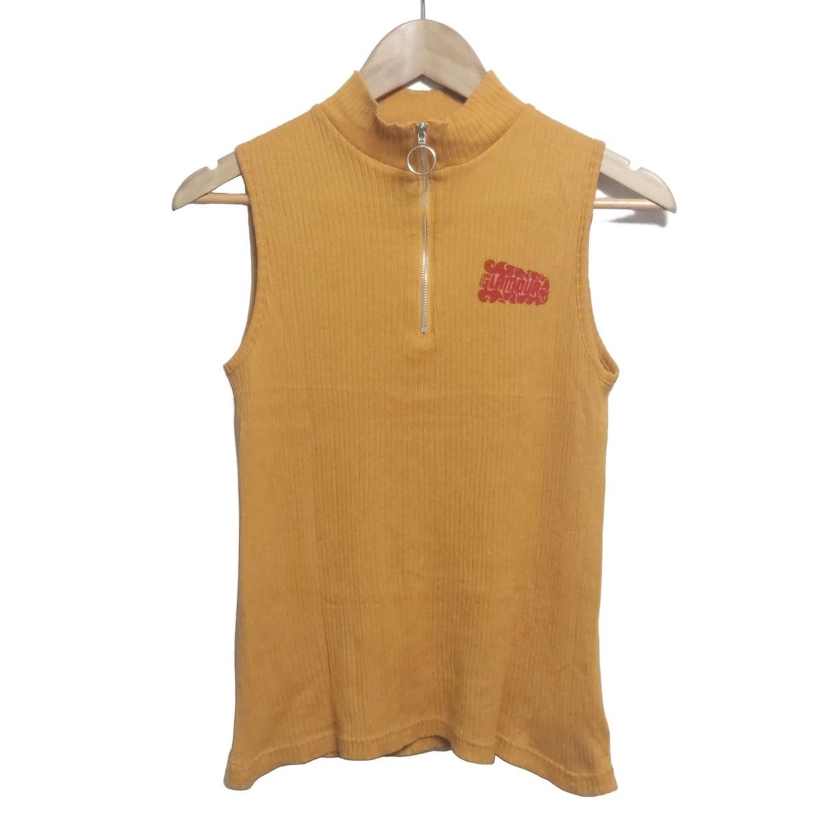 ヒステリックグラマー ノースリーブカットソー サイズF レディース - ダークイエロー×黒×レッド ハイネック ジップアップ