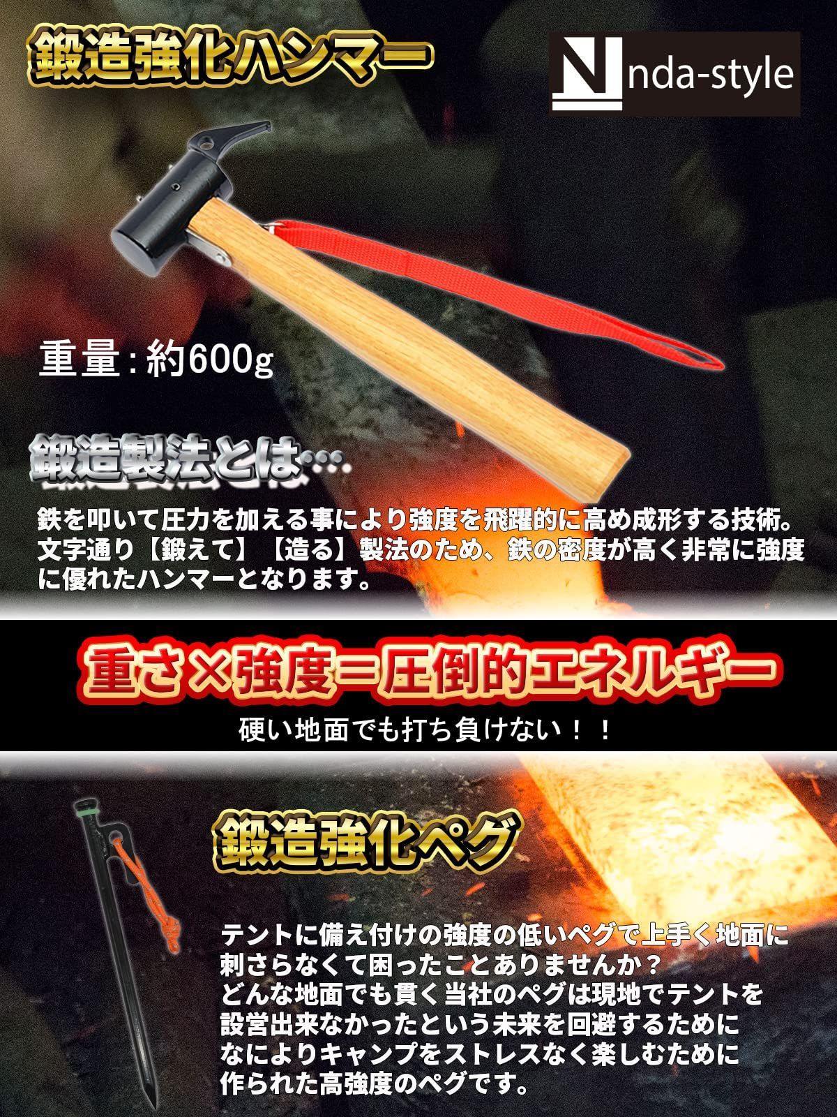在庫処分】nda-style 【ヘッド強化鍛造製法】ペグ ハンマー ペグ 20㎝×8本/30㎝×8本 収納袋1個 テント ロープ 4m×4m 4本  キャンプ 発光リング8個 ゴムバンド2個 (ペグ20㎝×8本(フルセットVer.)) - メルカリ
