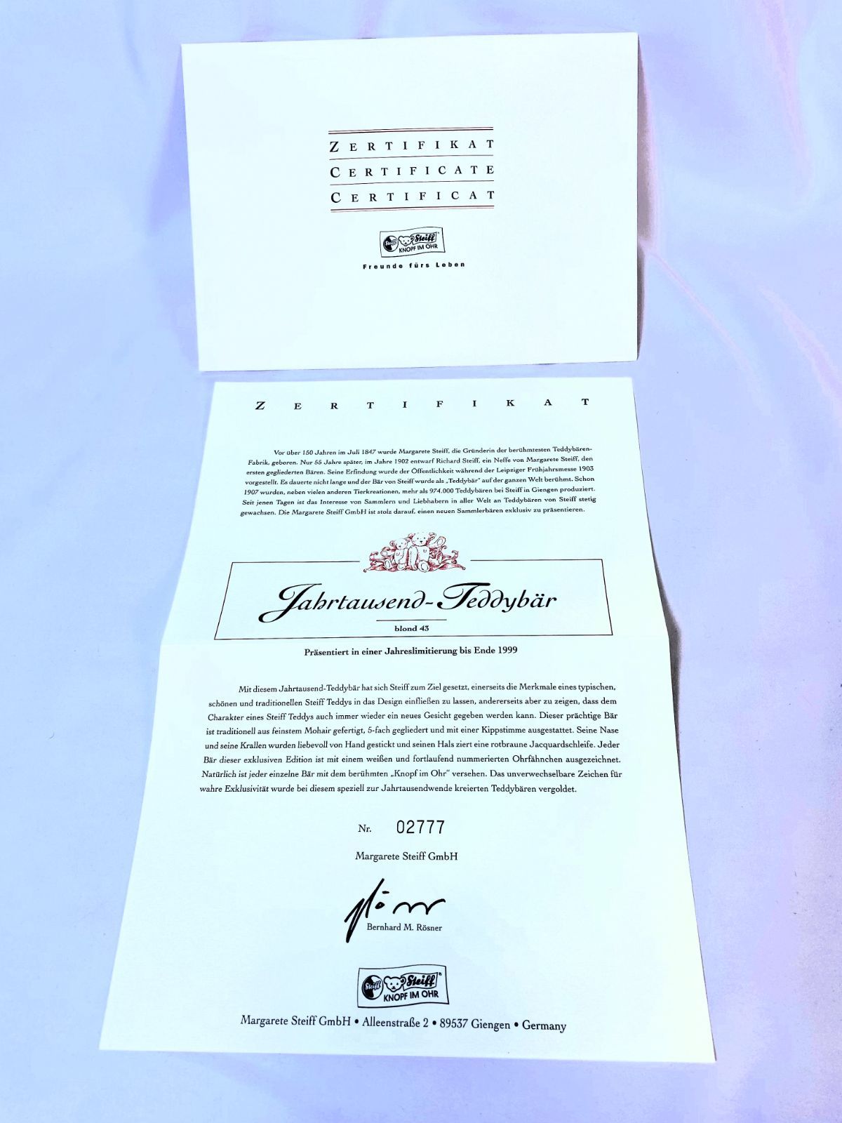 美品】Steiff Jahrtausend Teddybär blond 43 1999 シュタイフ 千年の