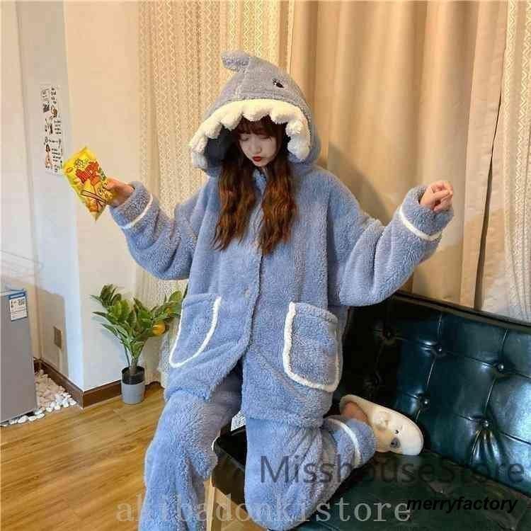 パジャマレディース冬裏起毛ルームウェア上下セットモコモコ部屋着ふわふわ長袖長ズボンふわもこパジャマあったかサメお祭りイベントLYX数量