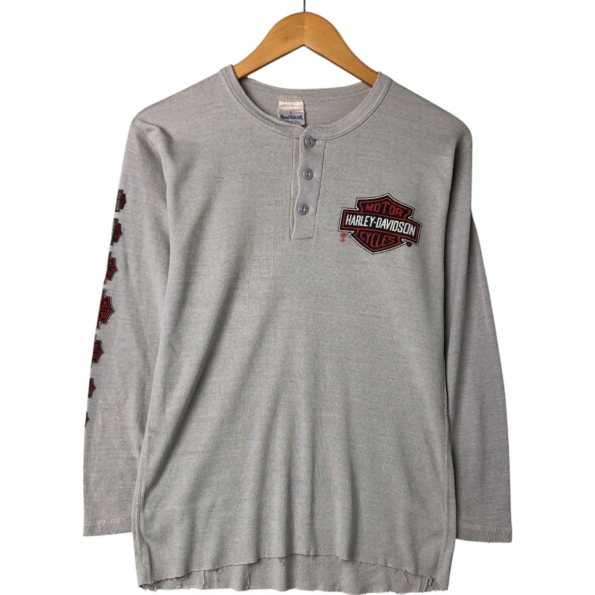 古着 ヘルスニット Healthknit Harley-Davidson ハーレーダビッドソン ヘンリーネック バックプリント サーマルロングTシャツ|eaa540215