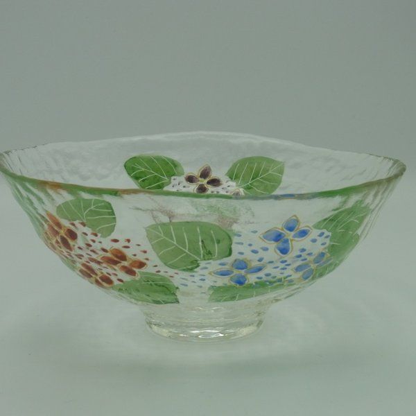 b136 【新品・未使用】ガラス茶碗 馬盥 川蝉 八木海峰 ブルー 紙箱 京絵付 耐熱ガラス抹茶茶碗 カワセミと青楓｜抹茶道具｜京なごみ