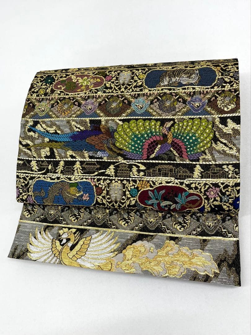 袋帯 龍 虎 孔雀 鳳凰 鳥 動物 金糸 正絹 Q945 袋帯 龍 虎 孔雀 鳳凰 鳥 動物 金糸 正絹 - メルカリ
