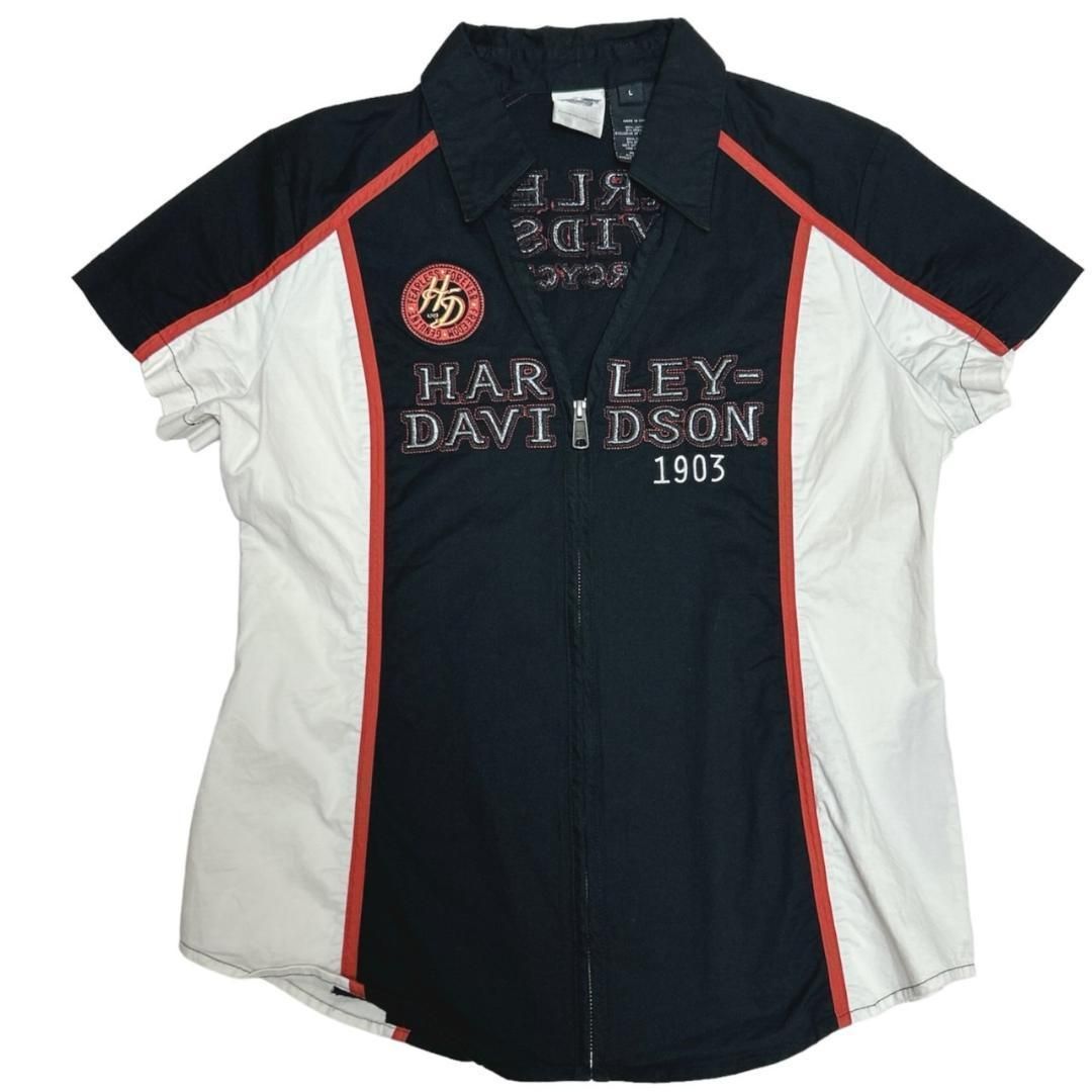 ハーレーダビッドソン フルジップ ロゴ刺繍 半袖ワークシャツ ブラック L