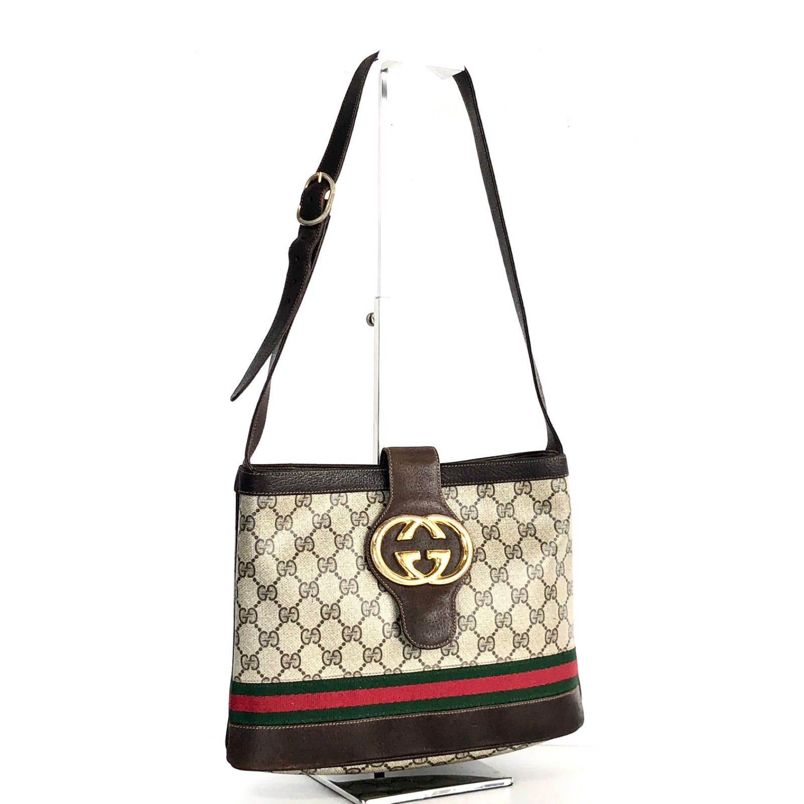 □美品□希少□鑑定済み□GUCCI グッチ ワンショルダーバッグ GGスプリーム シェリーライン インターロッキングG GG金具  コーティングキャンバス×レザー ワンショルダー 筆記体ロゴ オールドグッチ グレー×ブラウン ゴールド金具 - メルカリ