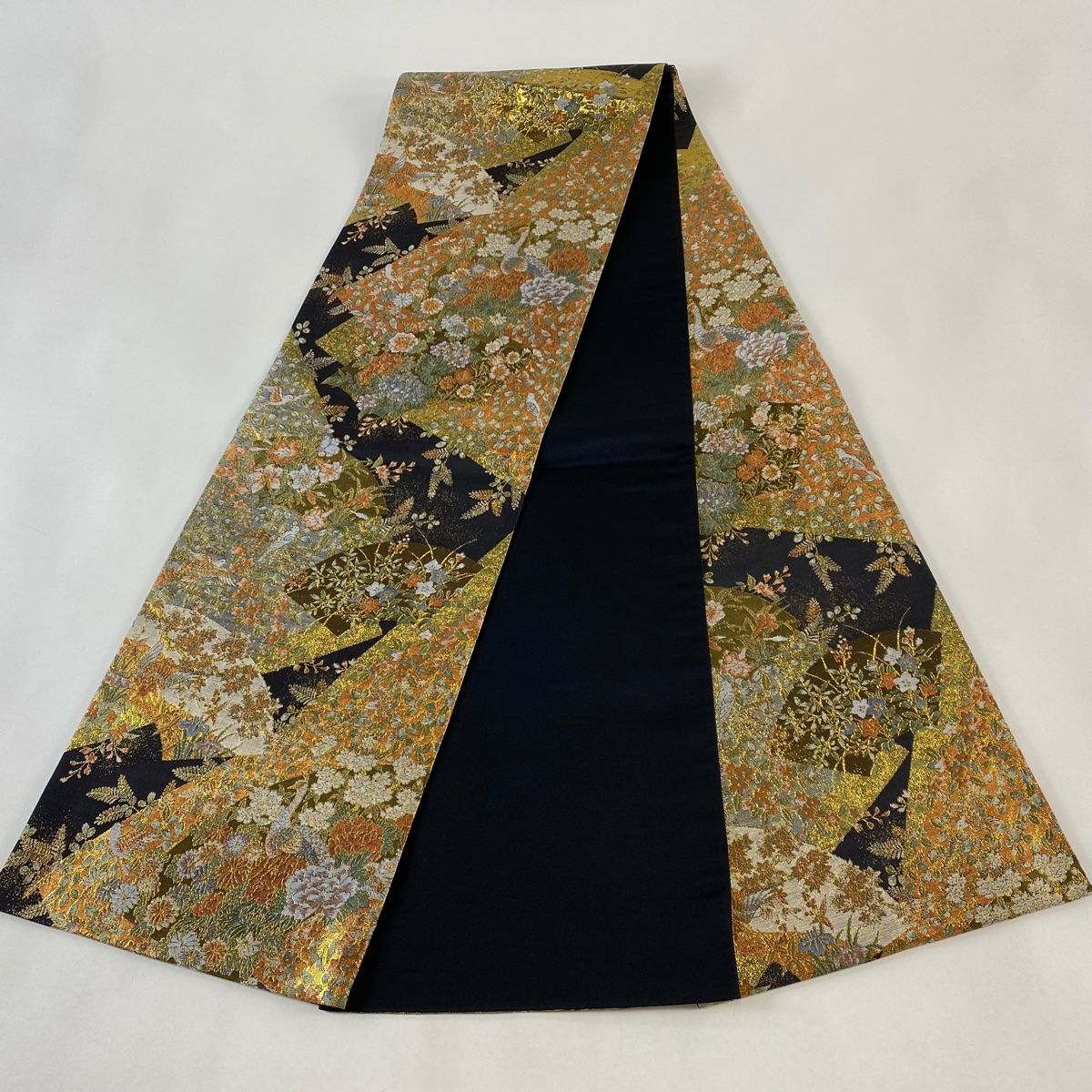 袋帯 箔 美品 金糸 秀品 六通 正絹 金色 花鳥 中古 扇面花鳥文 正絹 