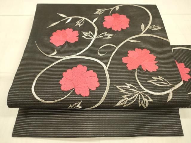 平和屋着物○九寸名古屋帯 花唐草文 黒地 正絹 逸品 DAAX0113cm