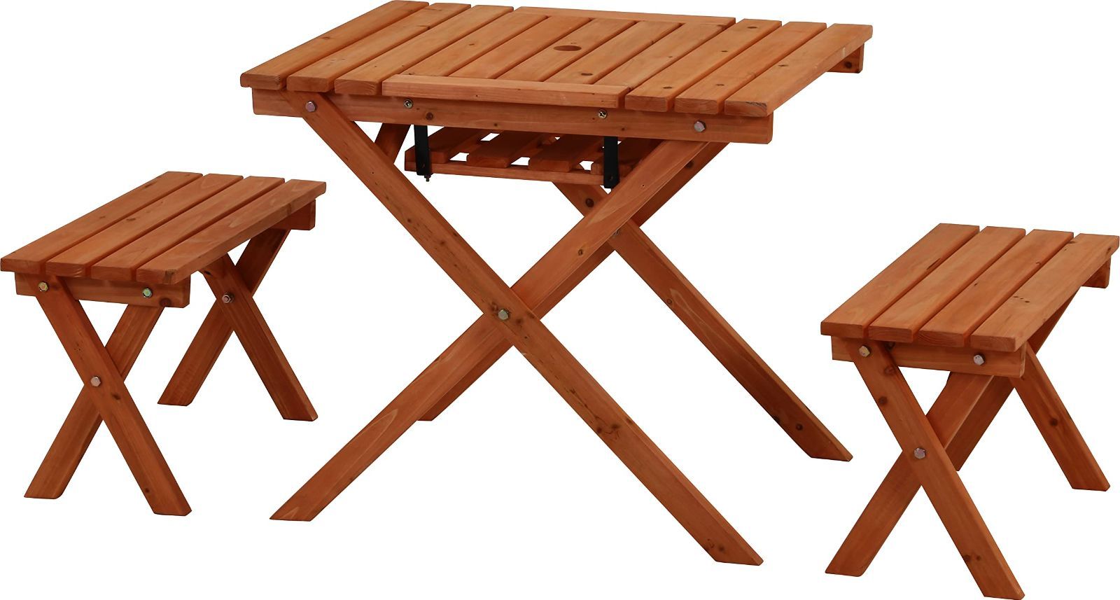 在庫処分 幅62×奥行75×高さ65cm オレンジ BBQテーブル＆ベンチセット 2人用 コンロスペース付き ガーデンテーブルセット パラソルホール付き 杉材 不二貿易 16817