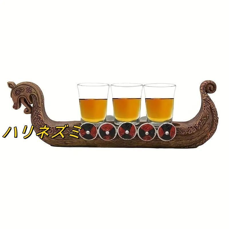中世バイキング船モチーフのショットグラスセット - ヴィンテージドラゴンボート彫刻バーウェア、バー装飾とホームデコレーションに最適 min#