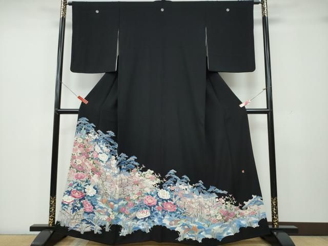 平和屋着物●本加賀友禅作家 染元千紅代表 寺西一紘 黒留袖 風景鴛鴦草花文 正絹 CAAR8109vf