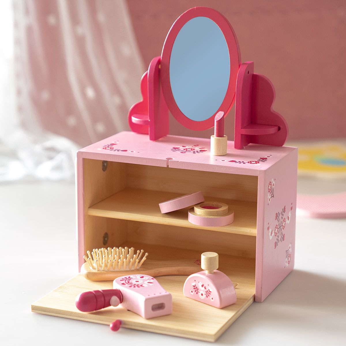 三面鏡付き カラフル木製メイクボックス ピンク コスメボックス ピンク