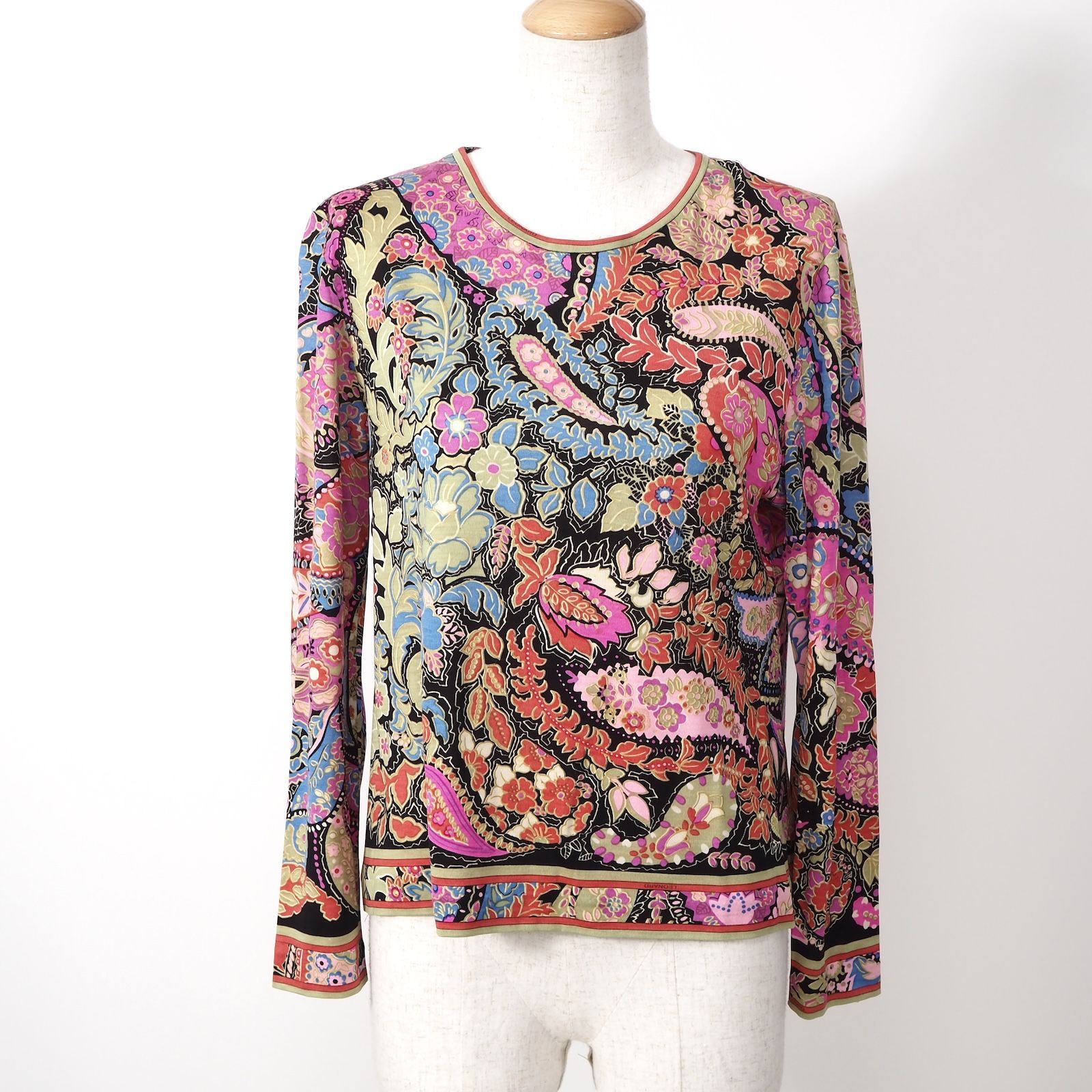 レオナール LEONARD ウール シルク ロング Tシャツ カットソー ストレッチ素材 M マルチ 花柄 レディース 4-ZF030