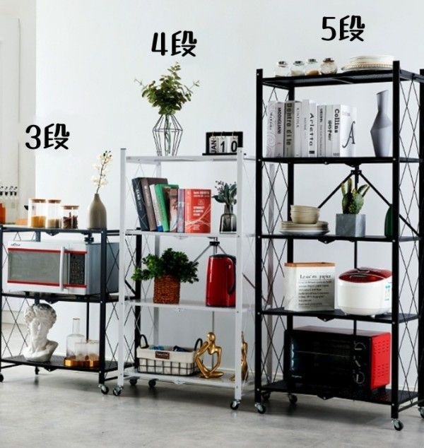 ♥ 食器棚 折りたたみスチールラック 5段 幅71cm×奥行34cm×高さ155cm キッチン収納 インストール不要で開いてすぐ使える レンジラック レンジボード コンパクト キッチンラック 電子レンジ台 車輪付き 移動便利 倉庫