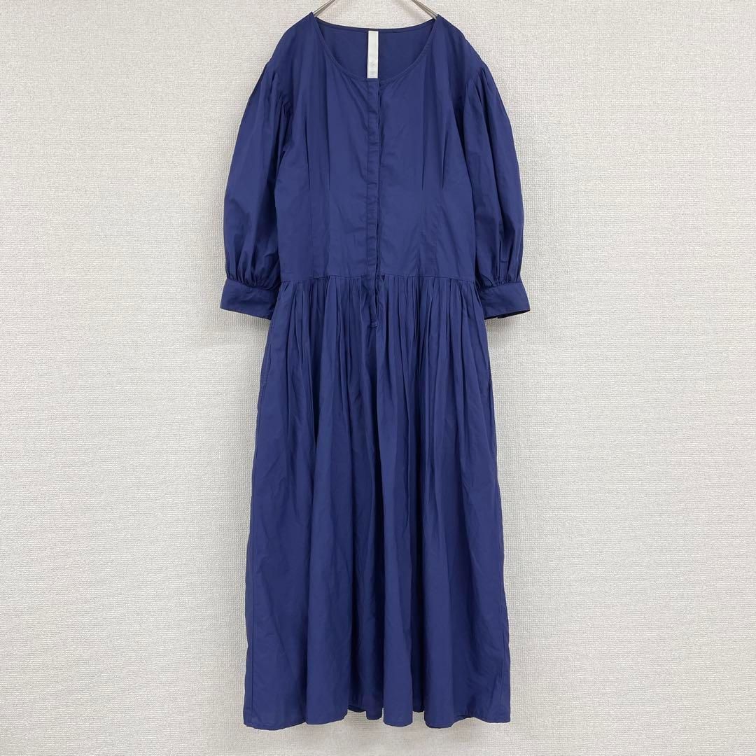 Marlette マーレット ロングワンピース ギャザー ボリューム袖 パフスリーブ インド製コットン 青 XS