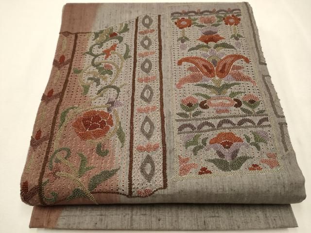 平和屋着物●中国三大刺繍　スワトウ相良刺繍　総刺繍　太鼓柄袋帯　紬地　花唐草文　正絹　逸品　CAAT0962hy 平和屋着物○中国三大刺繍 スワトウ相良刺繍 総刺繍 太鼓柄袋帯 紬地