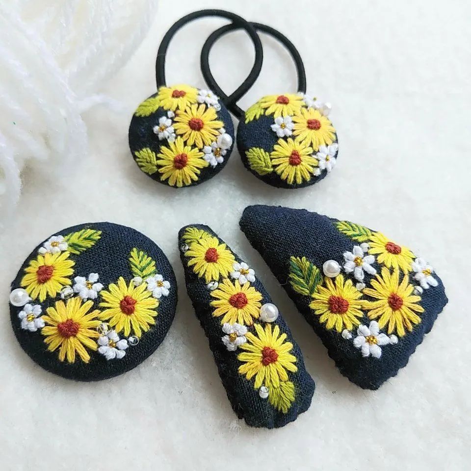 ひまわり刺繍5センチパッチンネイビー｜ファッション雑貨