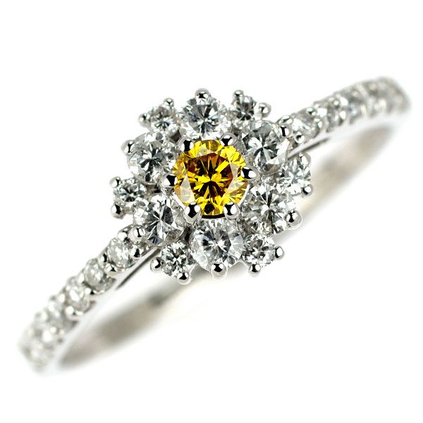 Pt950 天然イエローダイヤモンド リング 0.111ct FVOY SI2 D0.45ct  