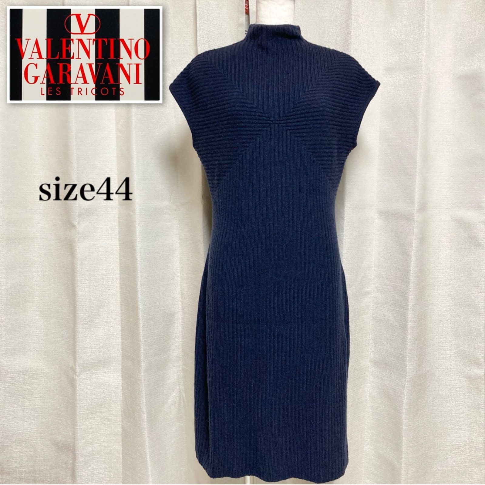 カシミヤ混 VALENTINO GARAVANI ヴァレンティノガラヴァーニ リブニットワンピース カシミヤ混ウール ハイネック フレンチスリーブ size44 L相当 イタリア製 ネイビー レディース