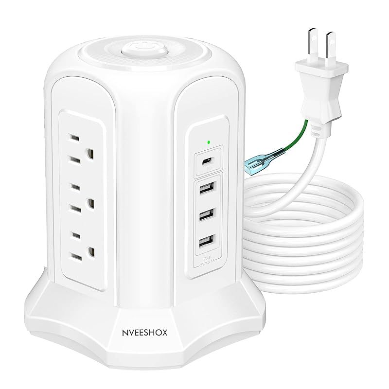 NVEESHOX 電源タップ タワー型 usb コンセント Type-C付 延長コード 5m 雷ガード 9個AC口 4個USBポート テーブルタップ OAタップ たこあしコンセント 過負荷保護 安全保護機能 自宅用 会社用 ホワイト